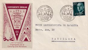 Timbres: CAMPING I CAMPAMENTO CIRCULAR, MADRID 1955. MATASELLOS EN SOBRE CAMPING CLUB BARCELONA. RARO. MPM.
